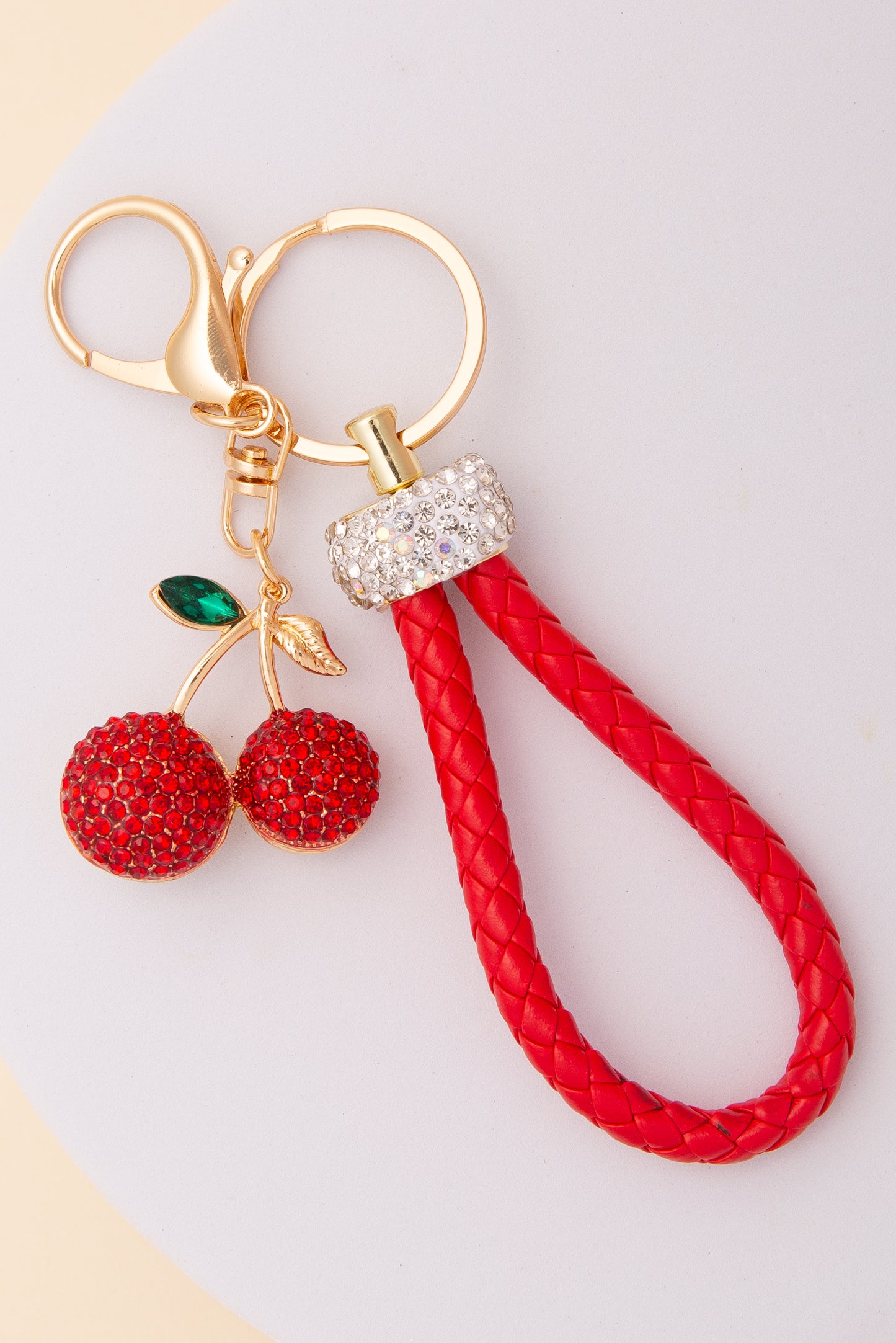 Ruby Cherry Keychain with Rope Handle and Rhinestone Embellished