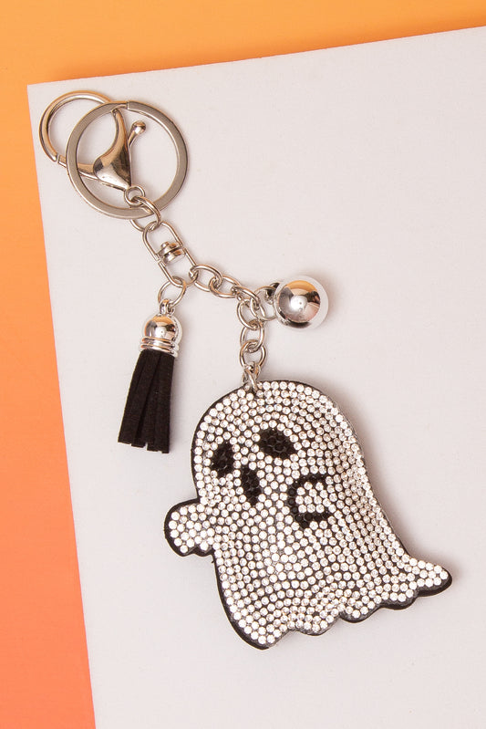 Catherine Rhinestone Pave Spooky Ghost Tassel Keychain | White