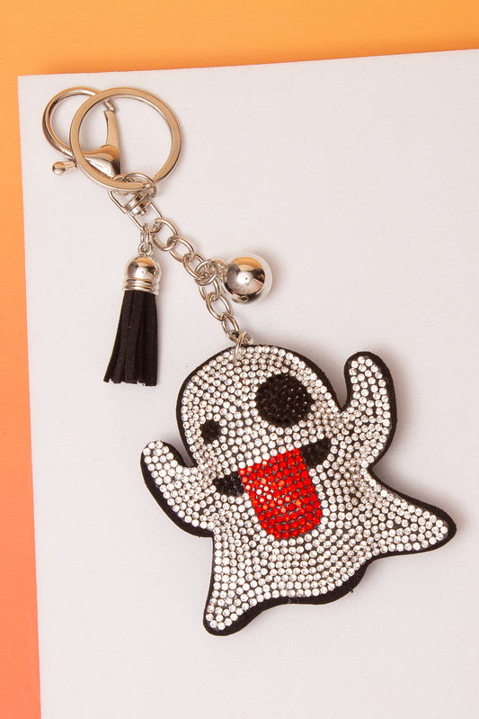 Angelina Rhinestone Pave Waving Ghost Tassel Keychain | Clear