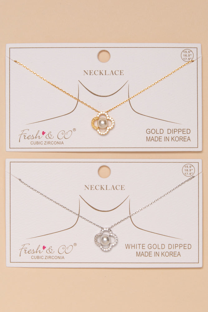 Ruby Gold Dipped Cubic Zirconia Pearl Clover Pendant Necklace