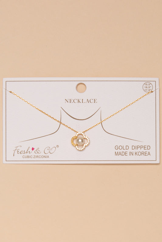 Ruby Gold Dipped Cubic Zirconia Pearl Clover Pendant Necklace | Gold