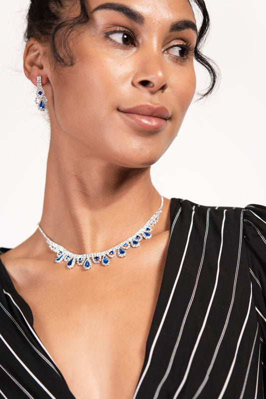 Jaida Scalloped Teardrop Rhinestone Necklace Set | Blue