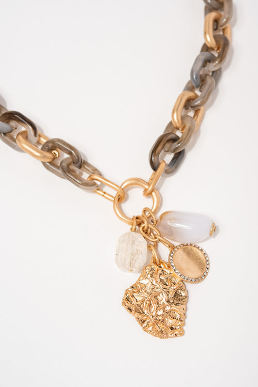 Lily Bohemian Multi Charm Paperclip Chain Necklace | Grey