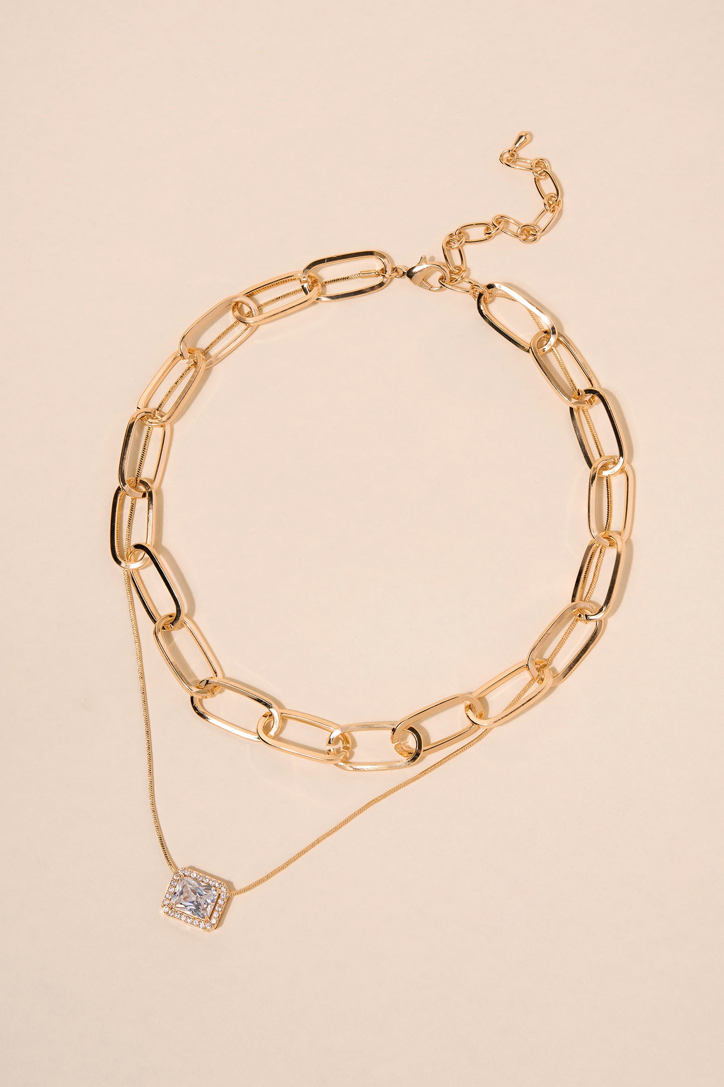 Thalia 2 Layer Bezel Set Solitare Pendant & Paperclip Chain Necklace - Gold
