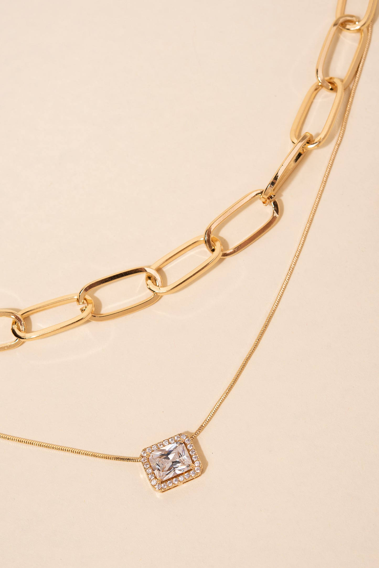 Thalia 2 Layer Bezel Set Solitare Pendant & Paperclip Chain Necklace - Gold
