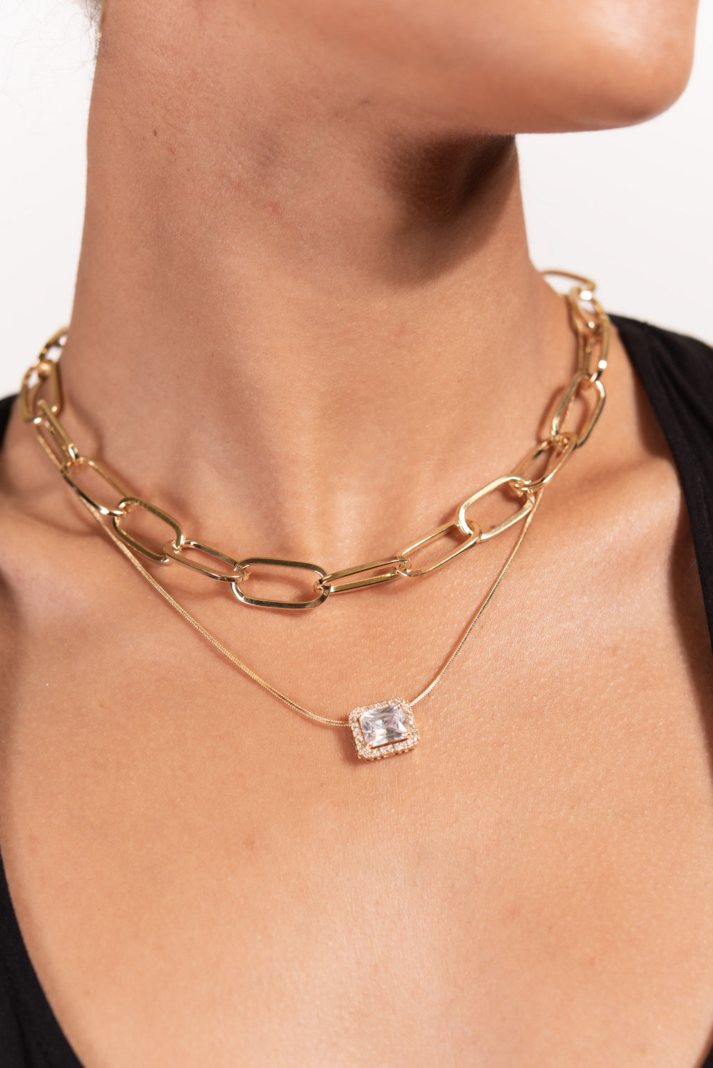 Thalia Layered Bezel Set Solitaire Pendant & Paperclip Chain Necklace