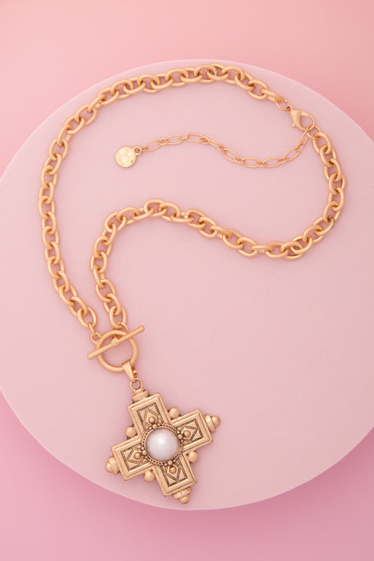Bree Pearl / Turquoise Embellished Cross Toggle Necklace | Gold Pearl