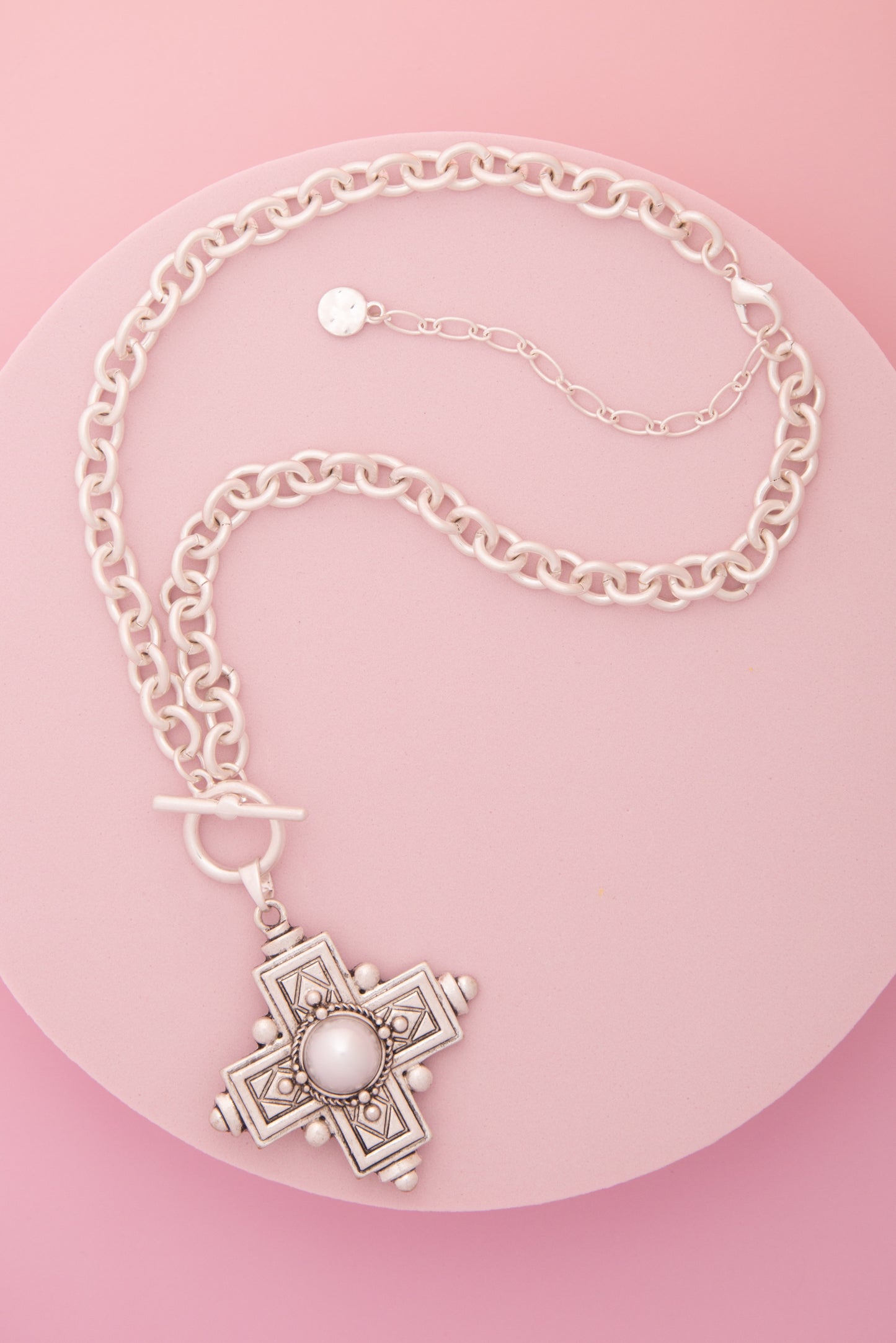 Bree Pearl / Turquoise Embellished Cross Toggle Necklace
