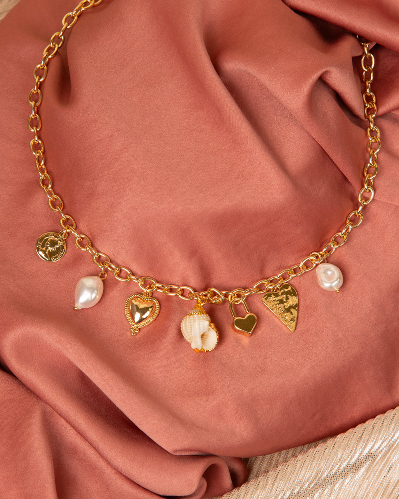 Yuliana Heart Theme Multi Charm Necklace