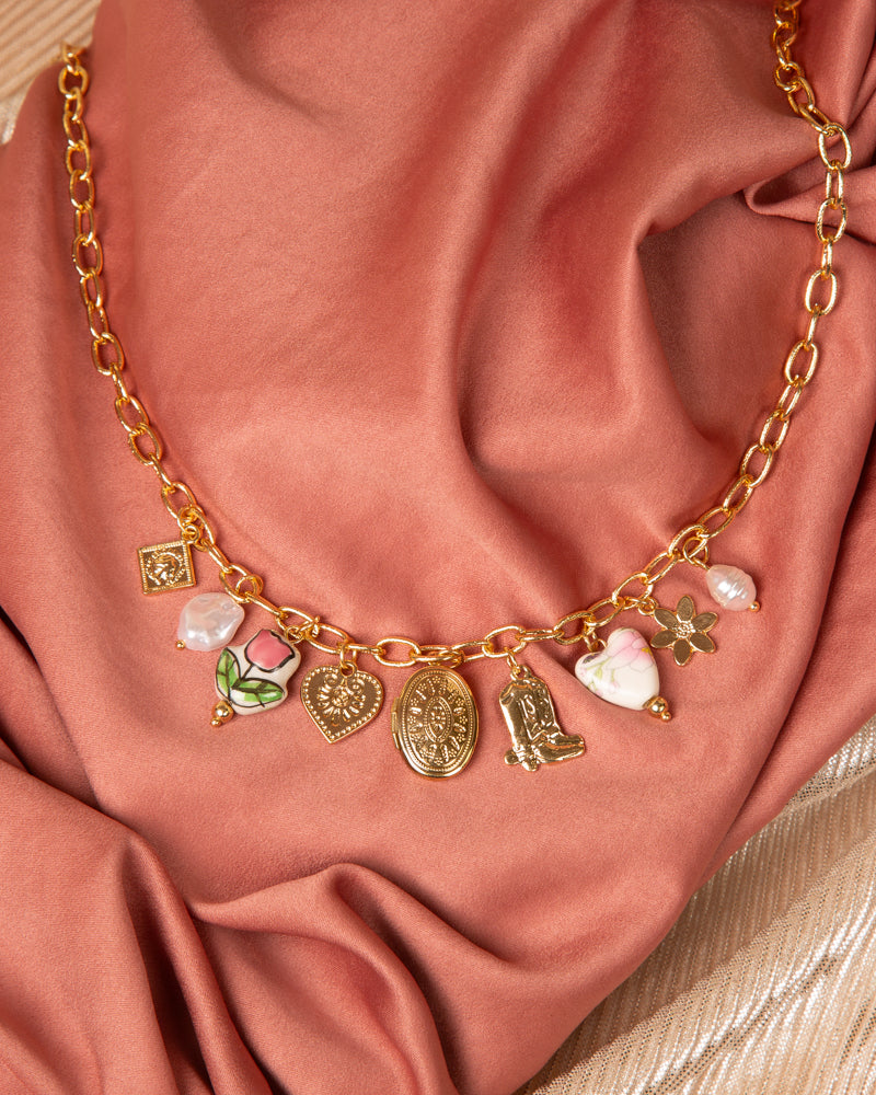 Giana Floral Theme Multi-Charm Necklace | Pink