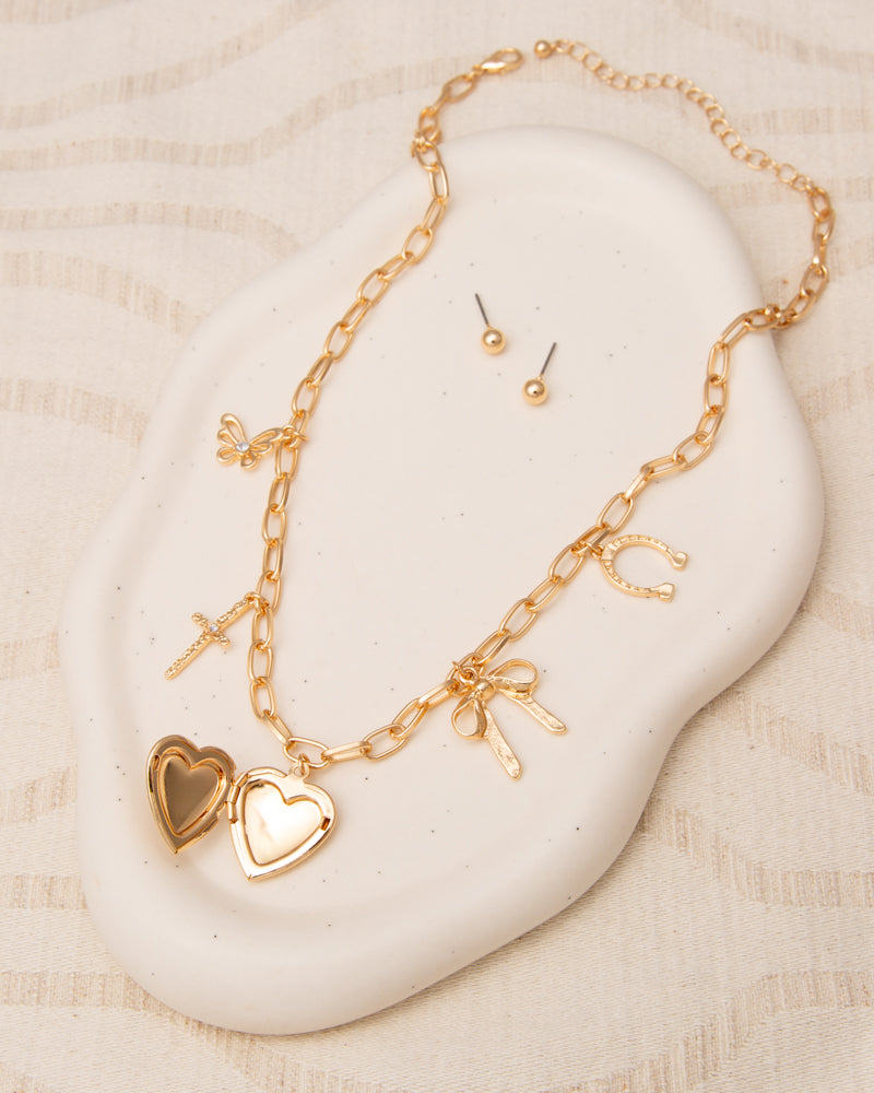 Alexis Multi-Charm Necklace & Earring Set with Heart Locket
