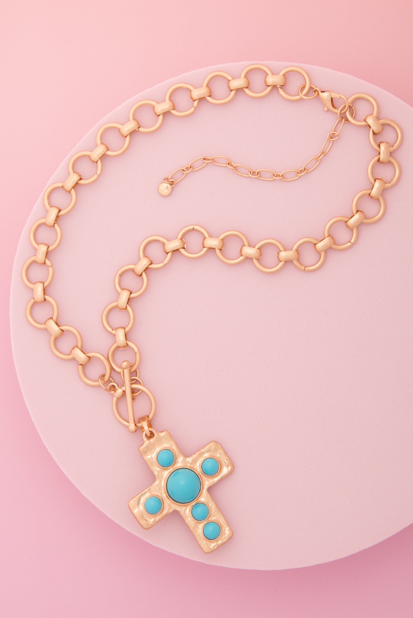 Sally Pearl / Turquoise Embellished Cross Pendant Toggle Necklace