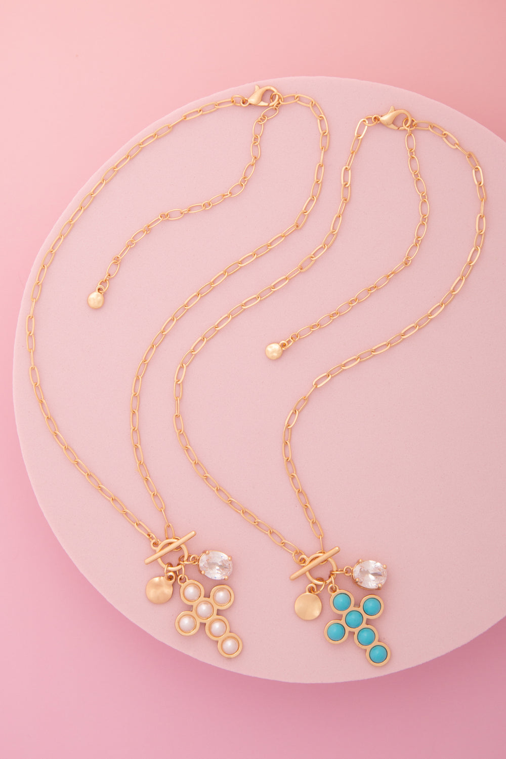 Mallory Pearl / Turquoise Embellished Cross Pendant Toggle Necklace