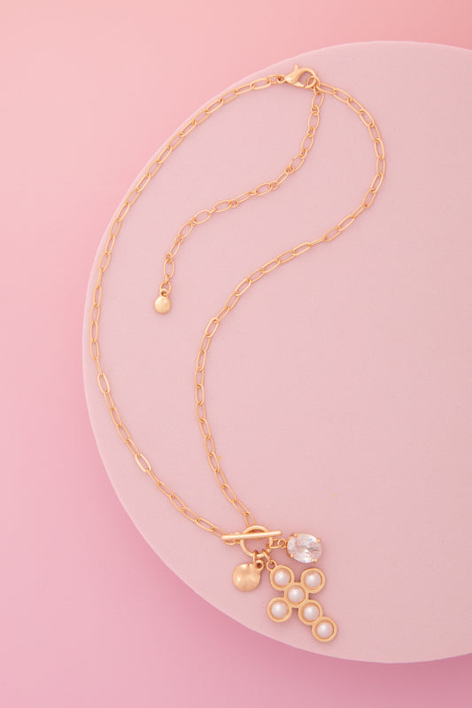 Mallory Pearl / Turquoise Embellished Cross Pendant Toggle Necklace | Pearl