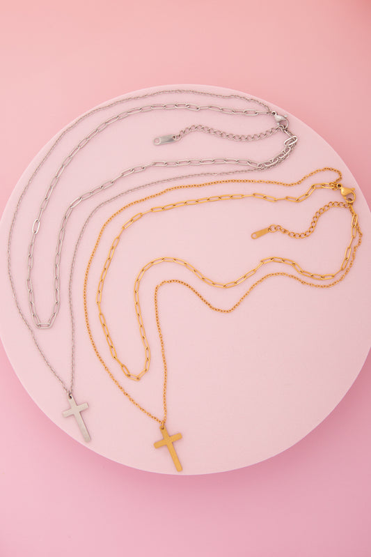 Denise Polished Cross Pendant Multi-Strand Chain Necklace