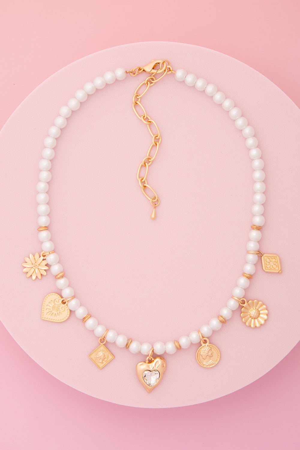 Kim Heirloom Token Theme Pearl Bead Charm Necklace