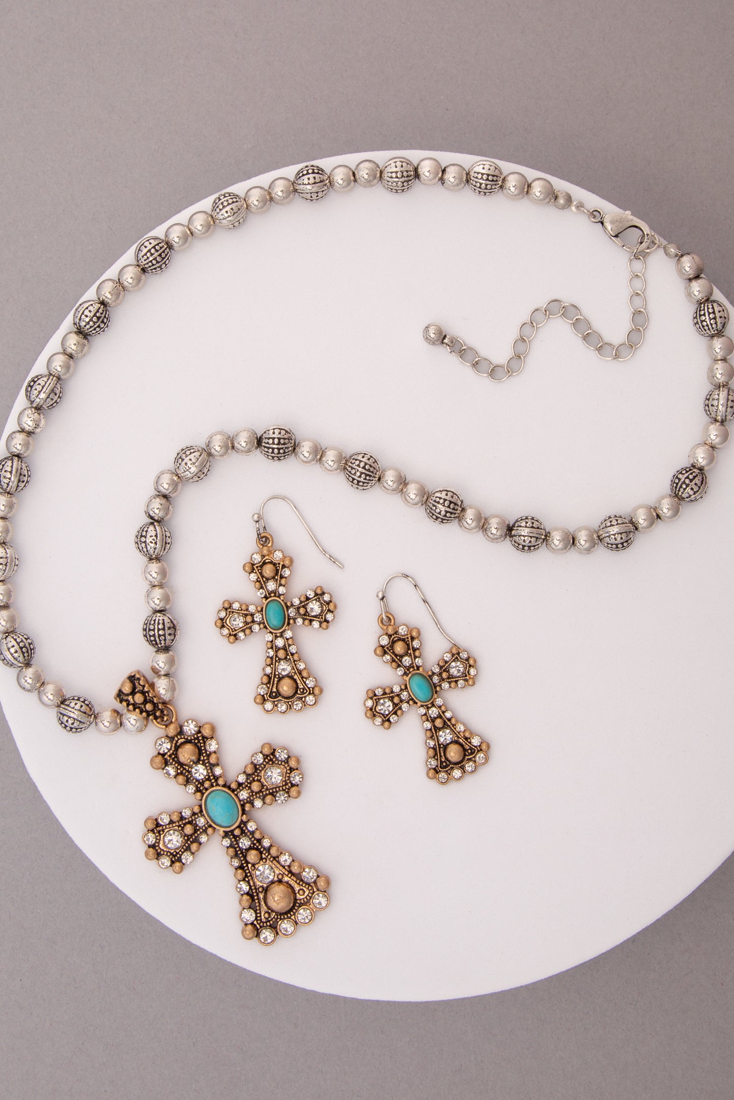 Kori Rhinestone Turquoise Cross Pendant Ball Bead Necklace Set
