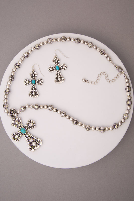 Kori Rhinestone Turquoise Cross Pendant Ball Bead Necklace Set | Silver