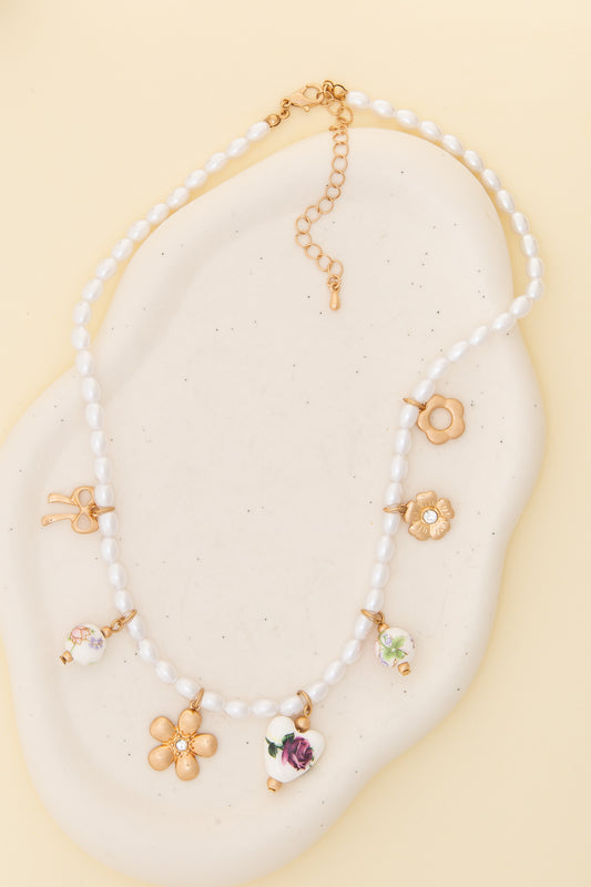 Sydney Floral Ceramic Charmed Pearl Necklace