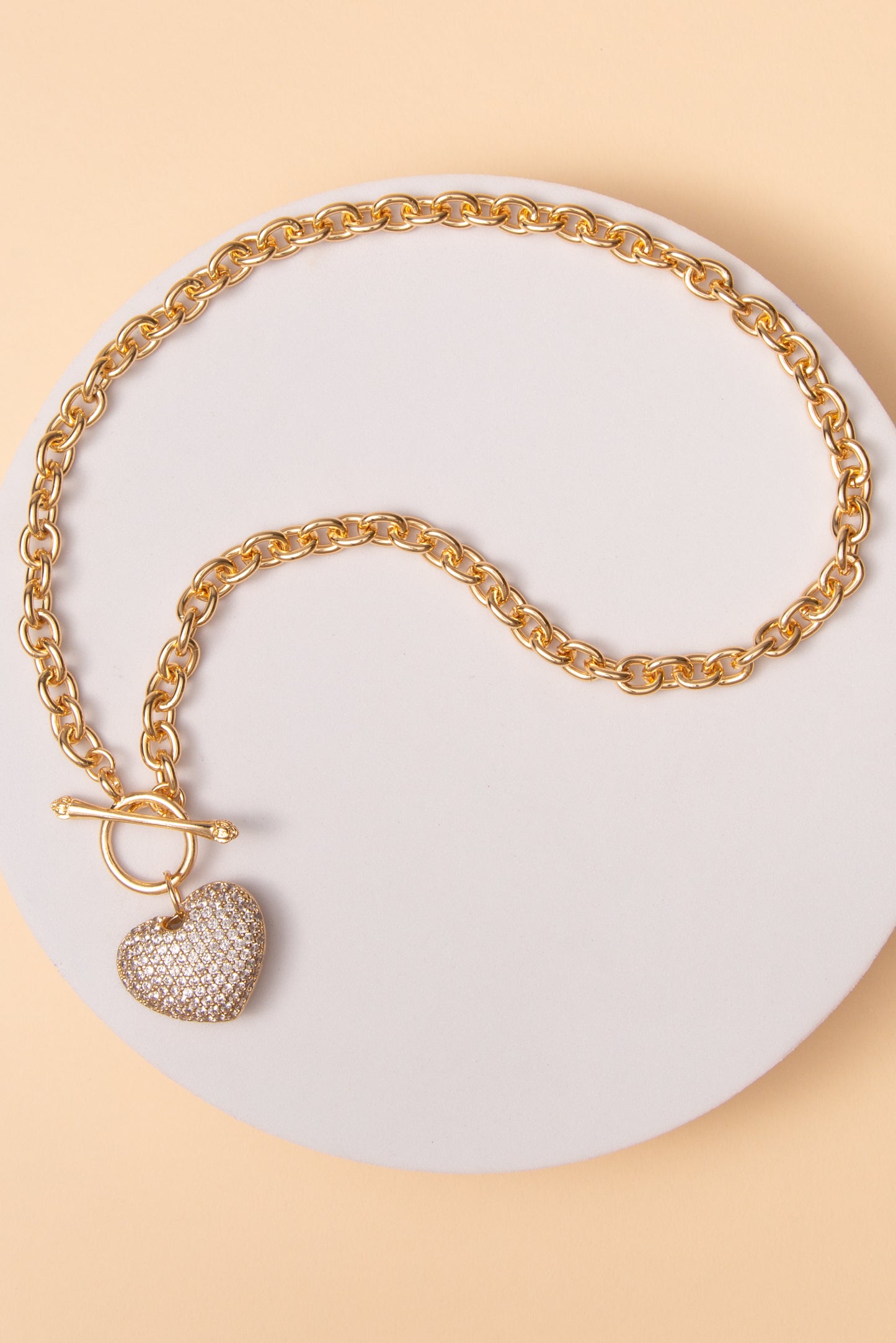 Naomi Cubic Zirconia Pavé Heart Pendant Toggle Chain Necklace | Gold