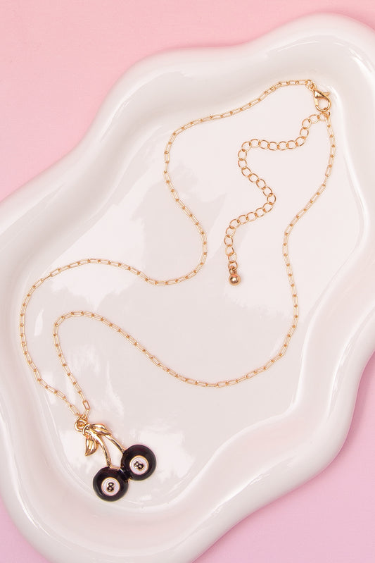 Harlow High Stakes Theme Enamel 8 Ball Cherry Pendant Necklace | Gold