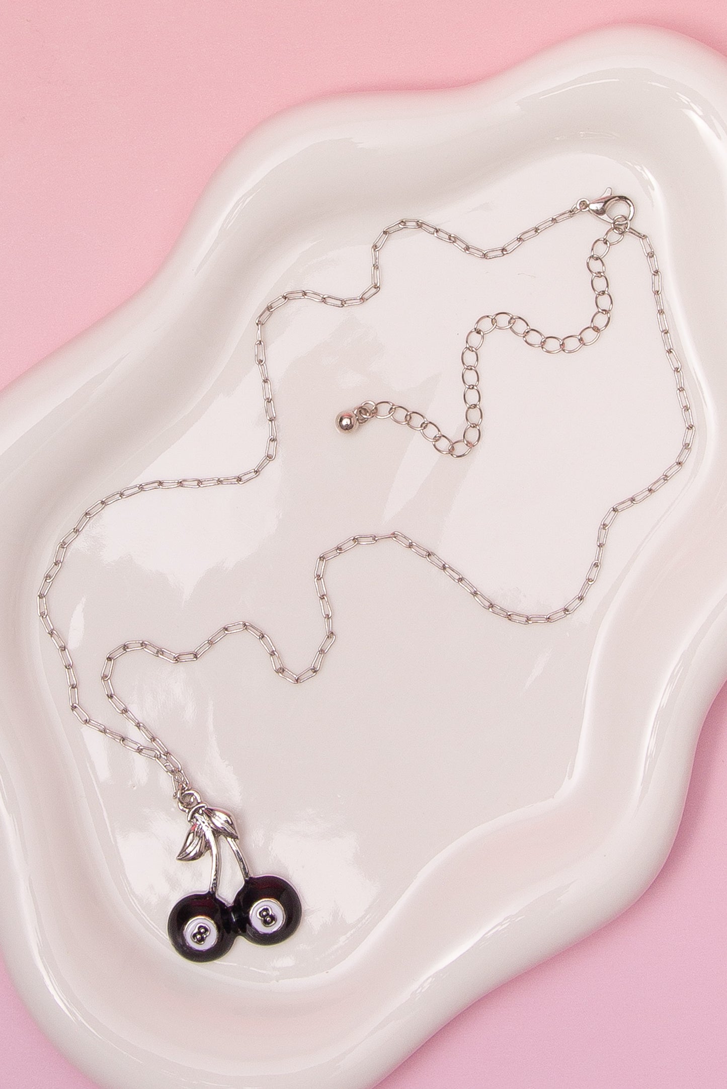 Harlow High Stakes Theme Enamel 8 Ball Cherry Pendant Necklace | Silver