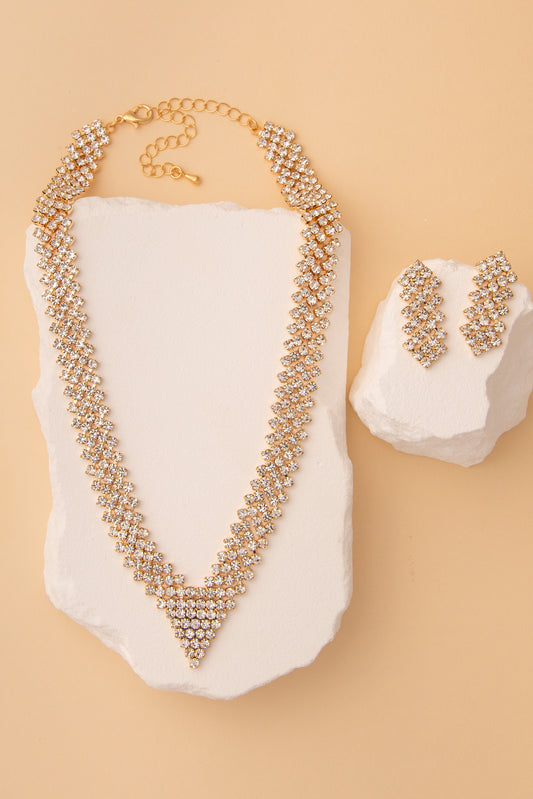 Bianca Crystal Rhinestone Pavé V-Shape Necklace & Earring Set | Gold