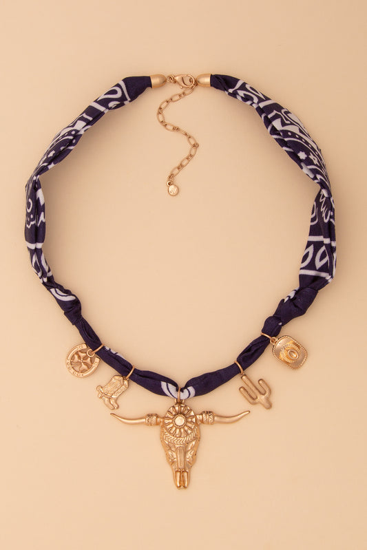 Brooklyn Bandana Western Theme Bull Charm Necklace | Navy