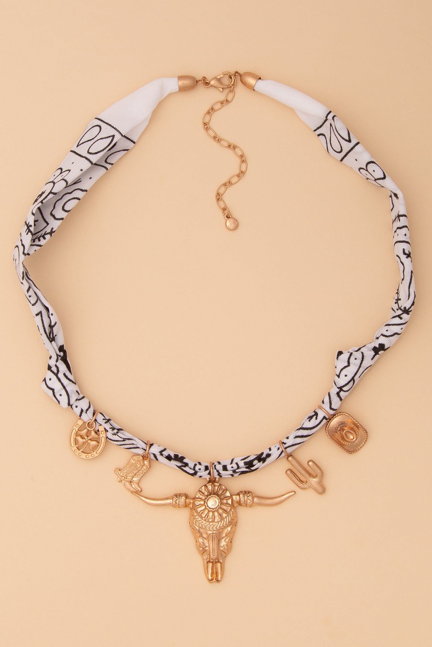 Brooklyn Bandana Western Theme Bull Charm Necklace | White