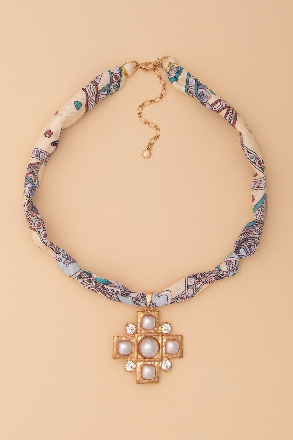 Natalie Bandana Necklace with Cross Medallion and Rhinestones