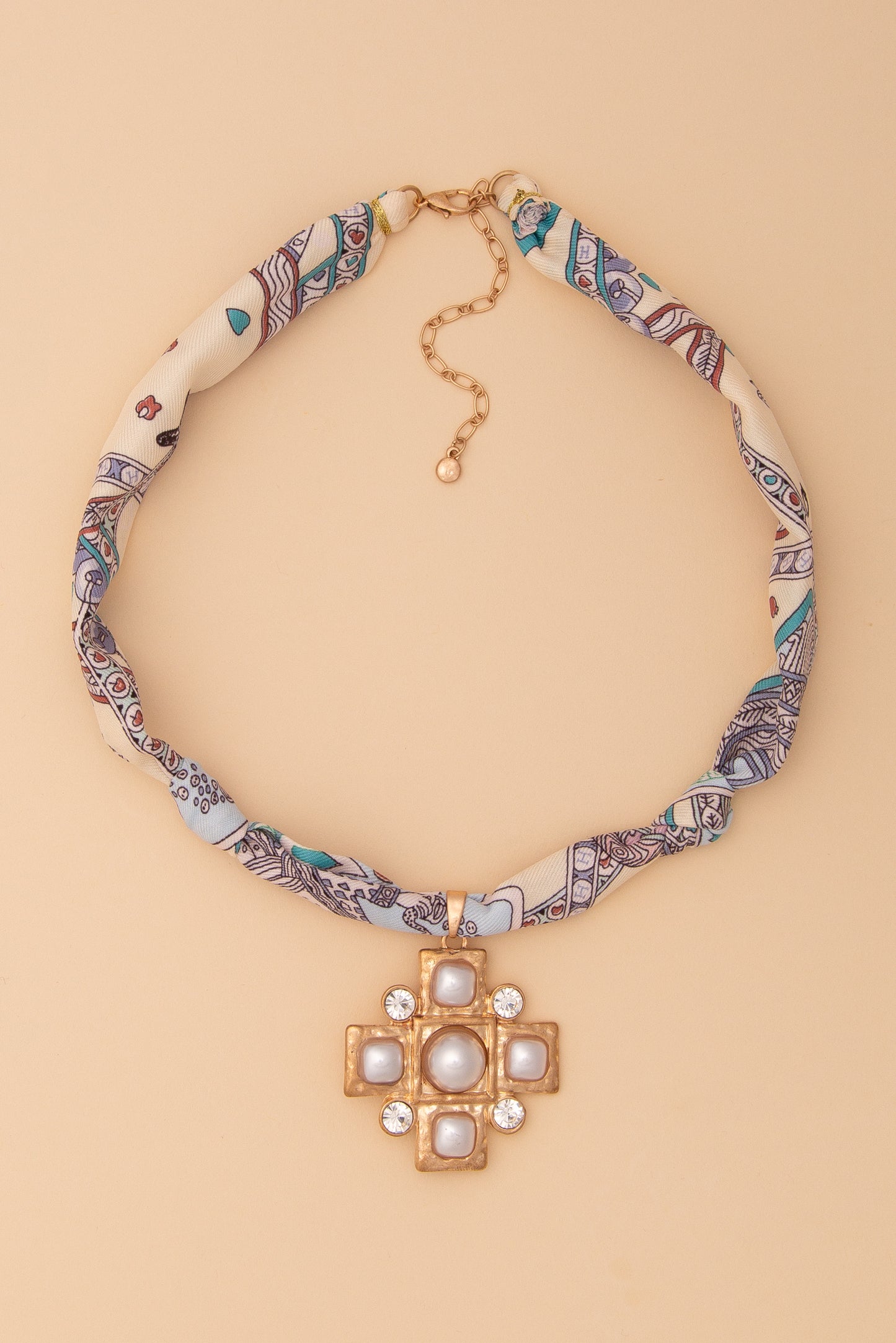 Natalie Bandana Necklace with Cross Medallion and Rhinestones