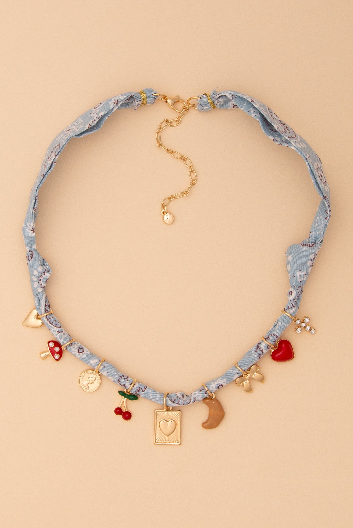 Elizabeth Bandana Necklace with Cherry and Heart Gold Trinkets | Light Blue