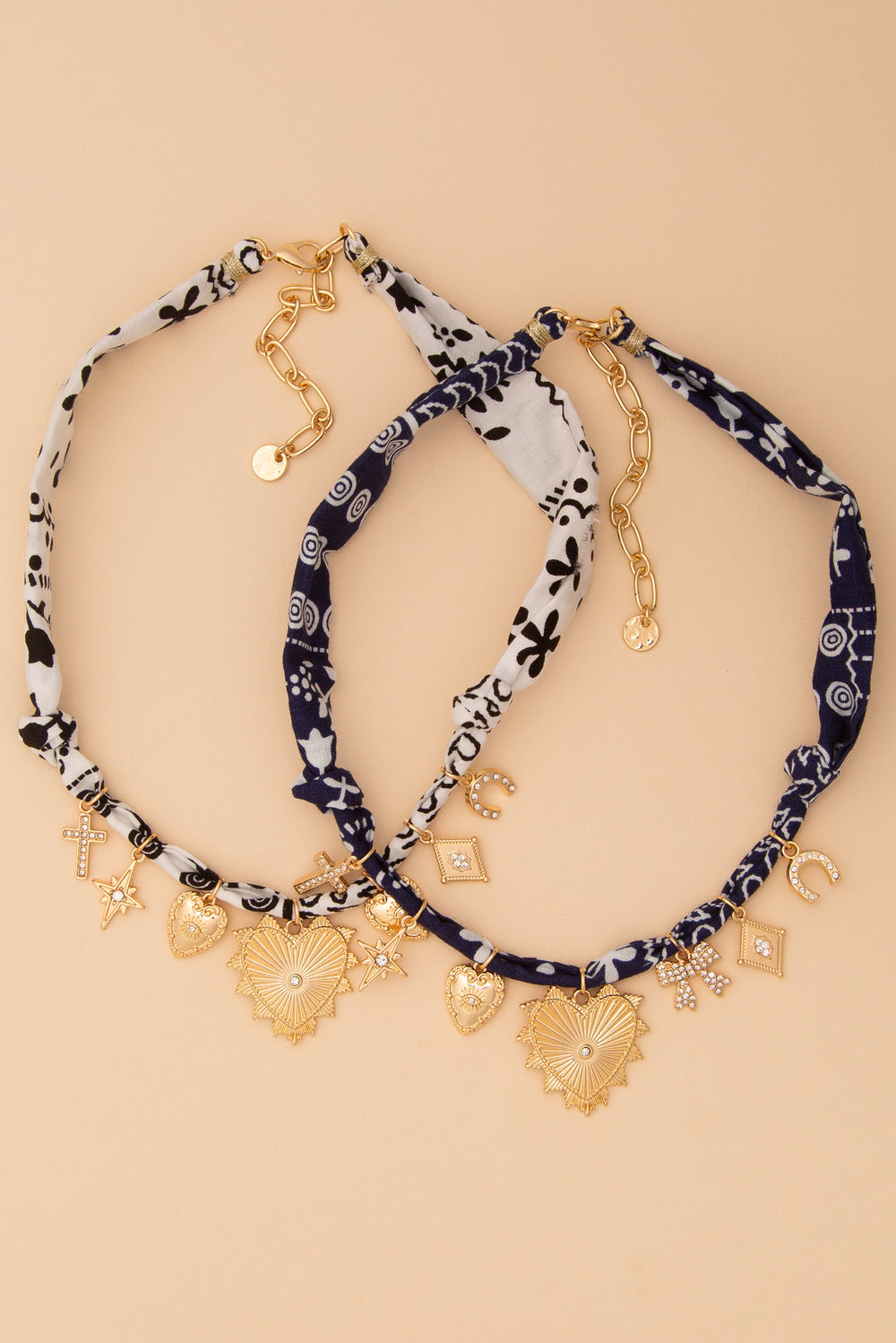 Hannah Bandana Necklace with Gold Heart and Trinkets