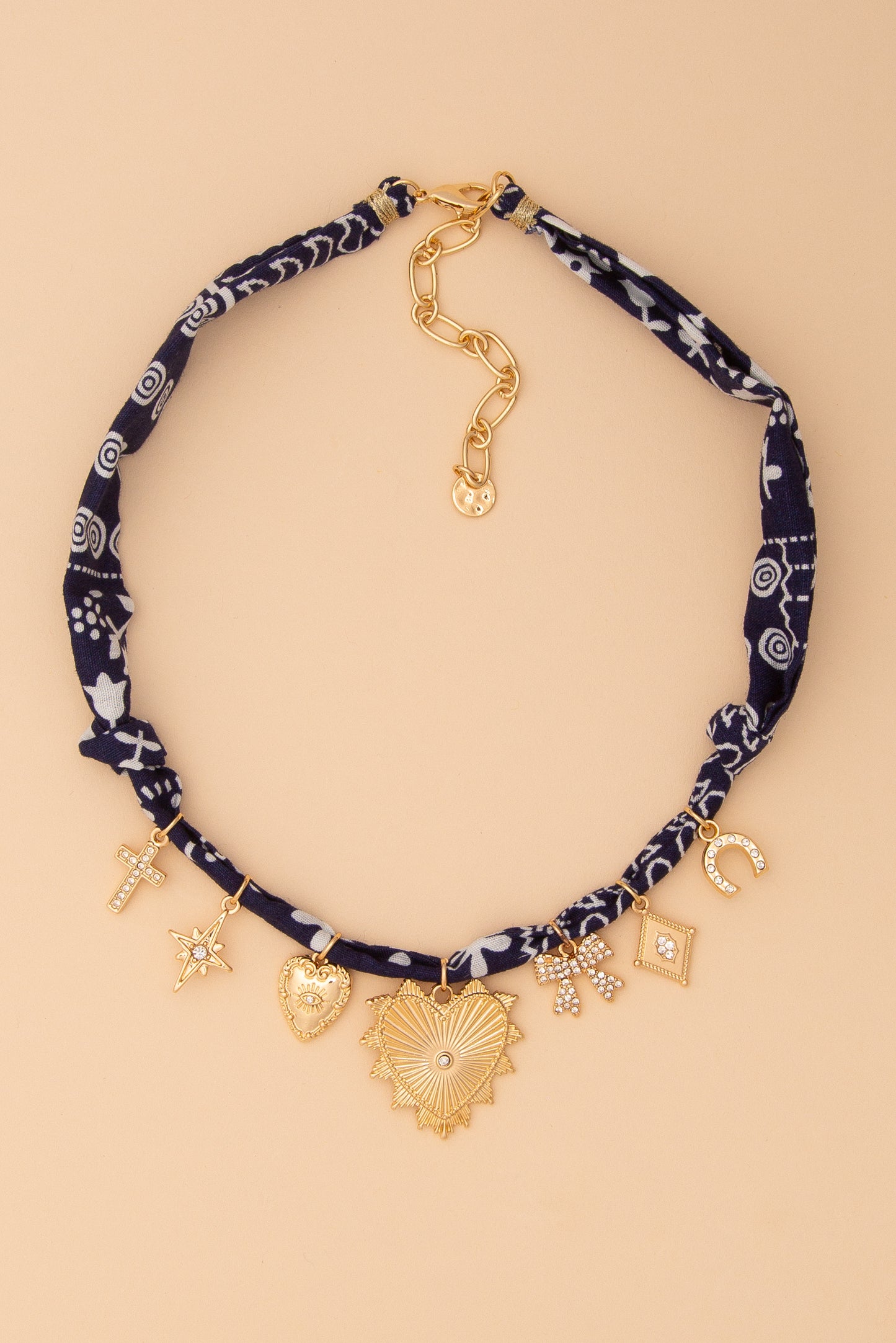 Hannah Bandana Necklace with Gold Heart and Trinkets | Navy