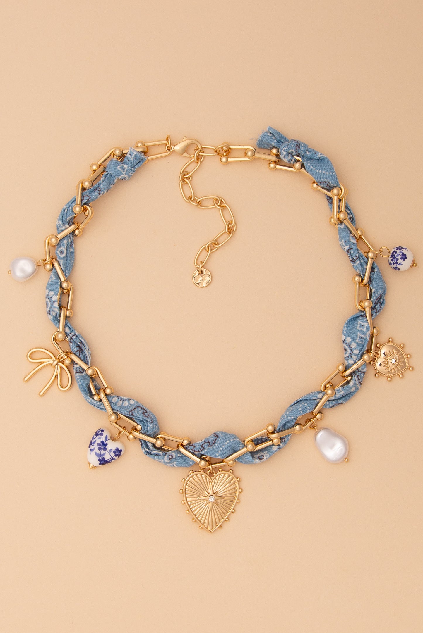 Zoey Gold Chain and Bandana Necklace with Gold Heart and Trinkets | Light Blue