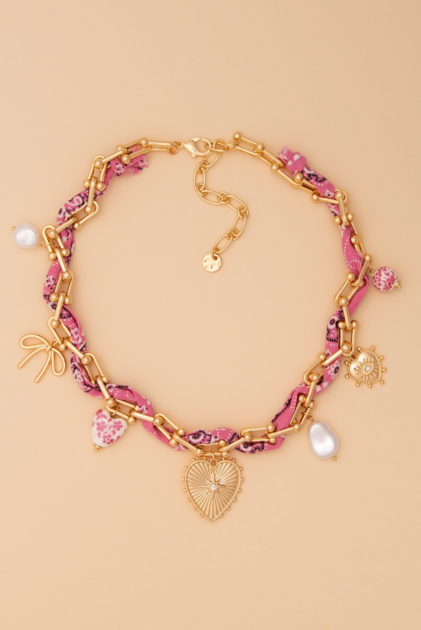 Zoey Gold Chain and Bandana Necklace with Gold Heart and Trinkets | Pink