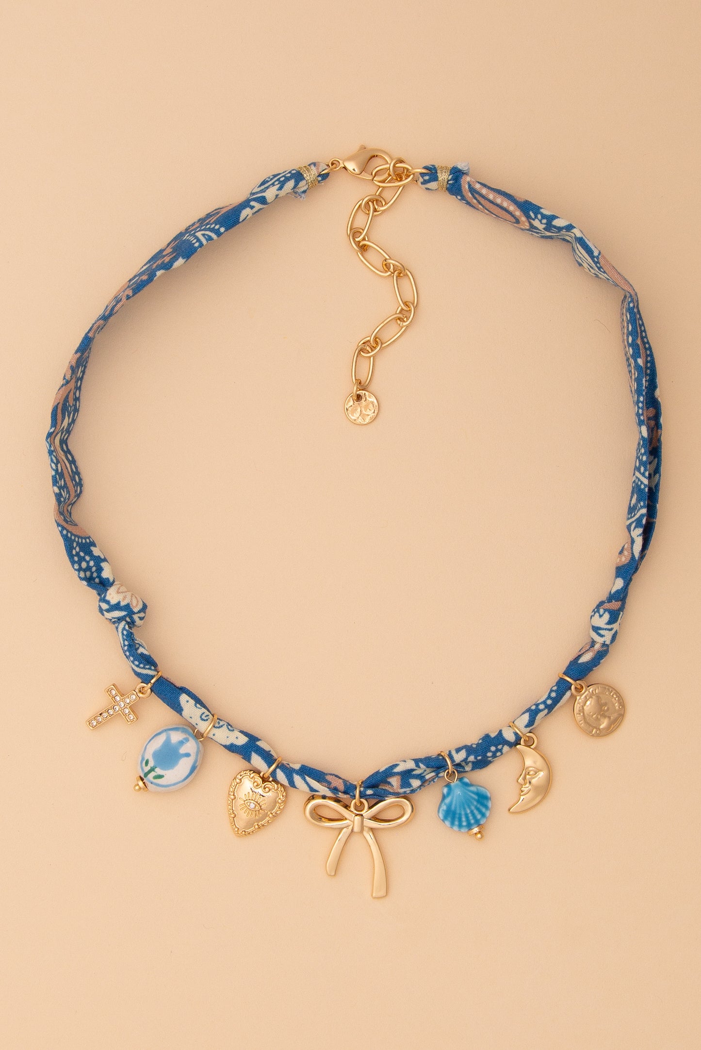 Olivia Bandana Necklace with Gold Bow and Charm Trinkets | Blue