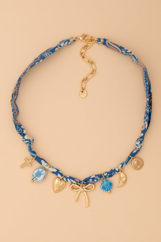 Olivia Bandana Necklace with Gold Bow and Charm Trinkets | Blue