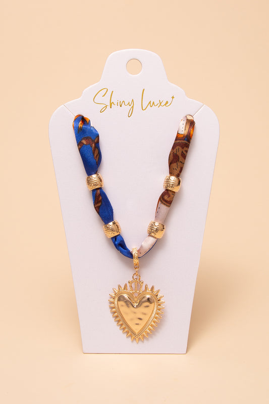 Isabella Fabric Braided Bandana Necklace with Hammered Sunburst Heart