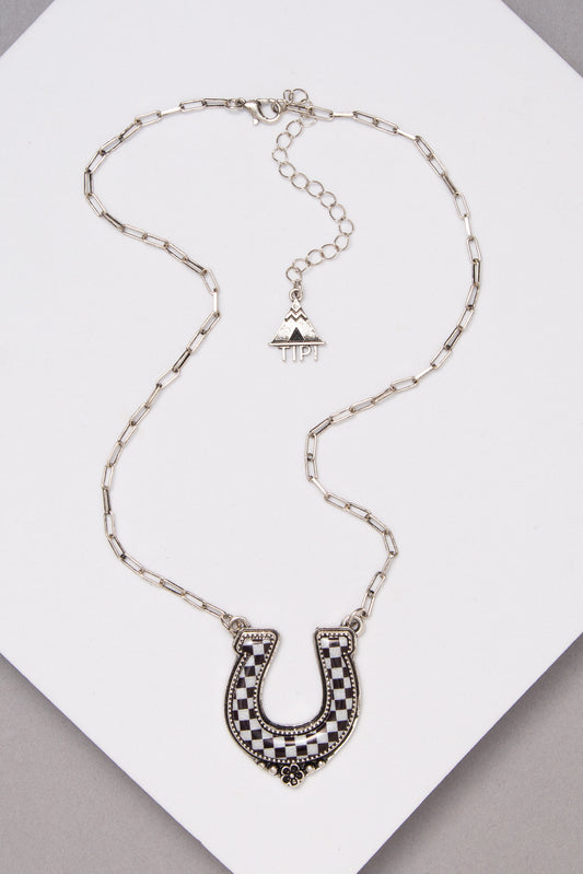 Katalina Western Checkered Horseshoe Pendant Necklace