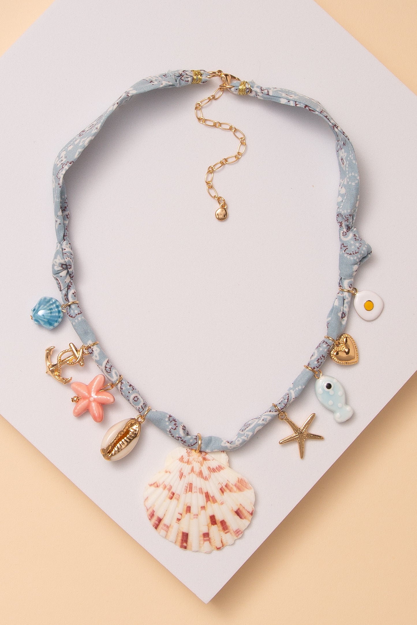 Elise Seashell Charm Scarf Necklace with Coastal Trinkets | Light Blue