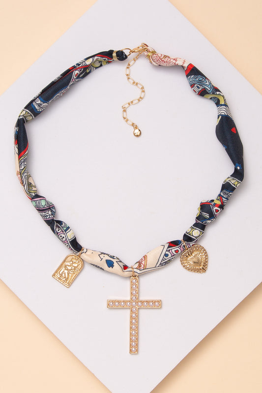 Katie Playing Card Print Scarf Necklace with Heart Saint Charm