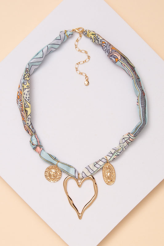 Irene Pastel Abstract Scarf Necklace with Open Heart Pendant