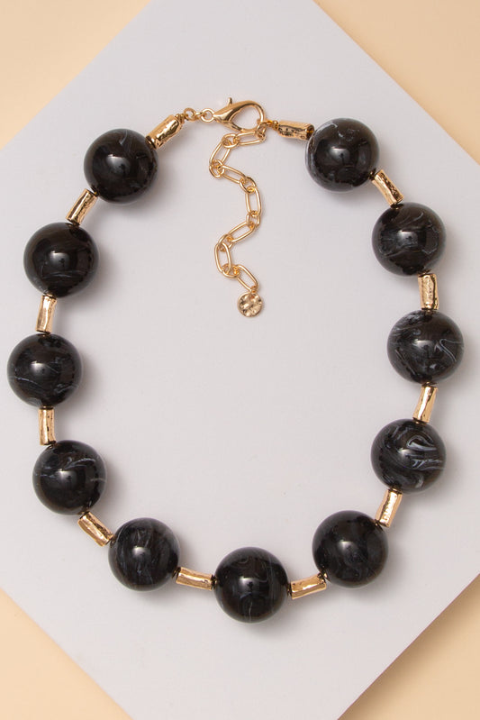 Kathryn Marble Round Resin Bead Necklace with Gold Tone | Black