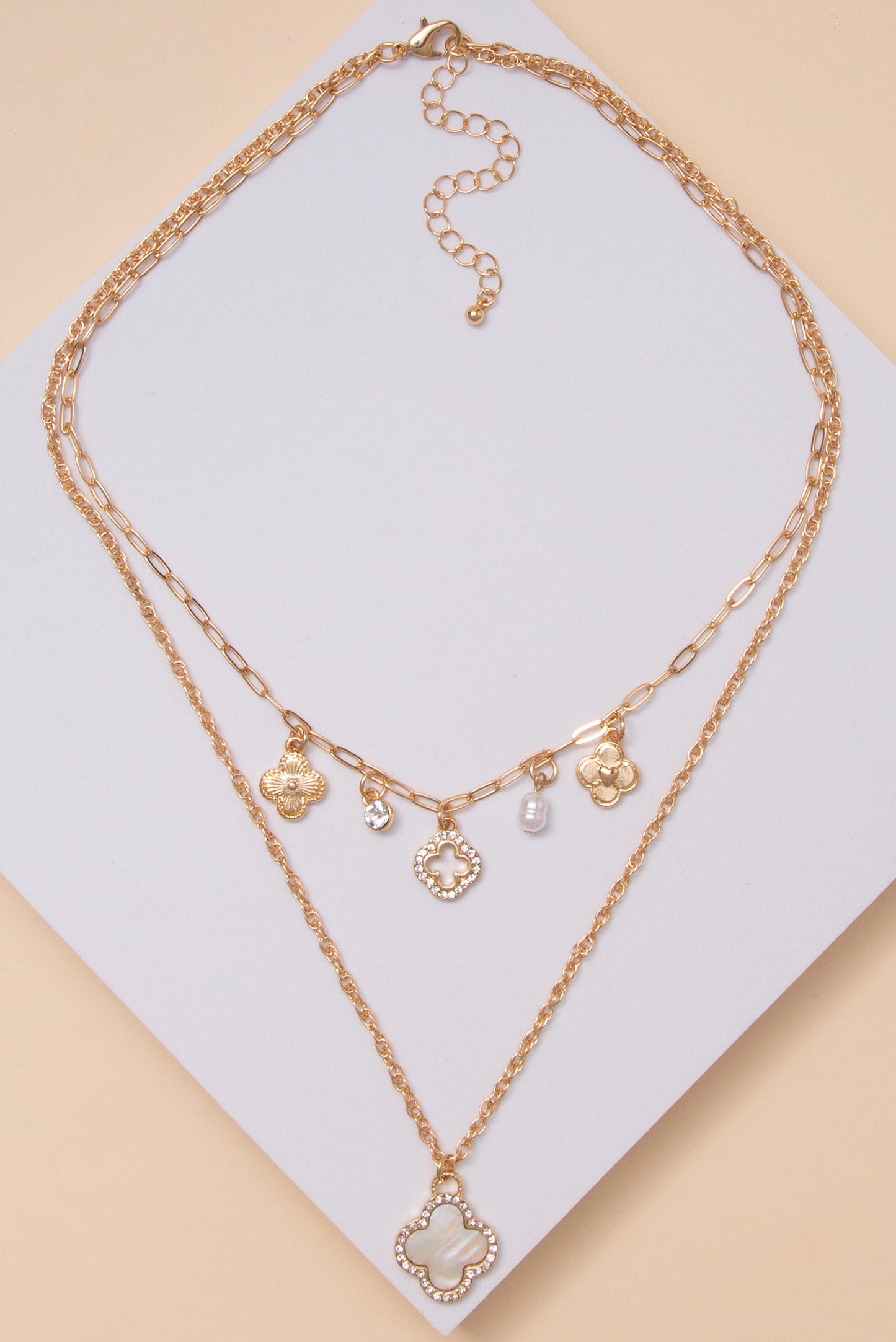 Catherine Tailored 2 Strand Multi Charm Quatrefoil Necklace | Gold