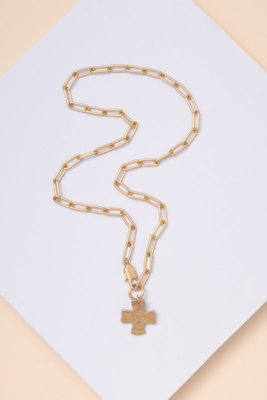 Estella Hammered Cross Pendant Necklace in Gold Tone Metal
