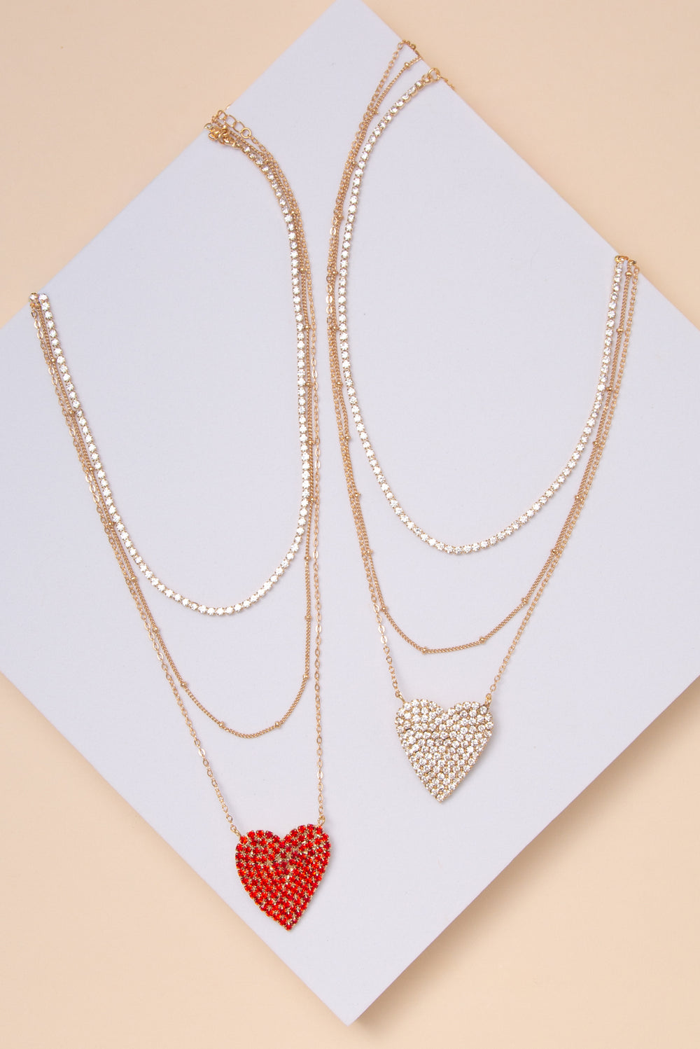 Amber Layered Heart Necklace with Rhinestone Heart Pendant