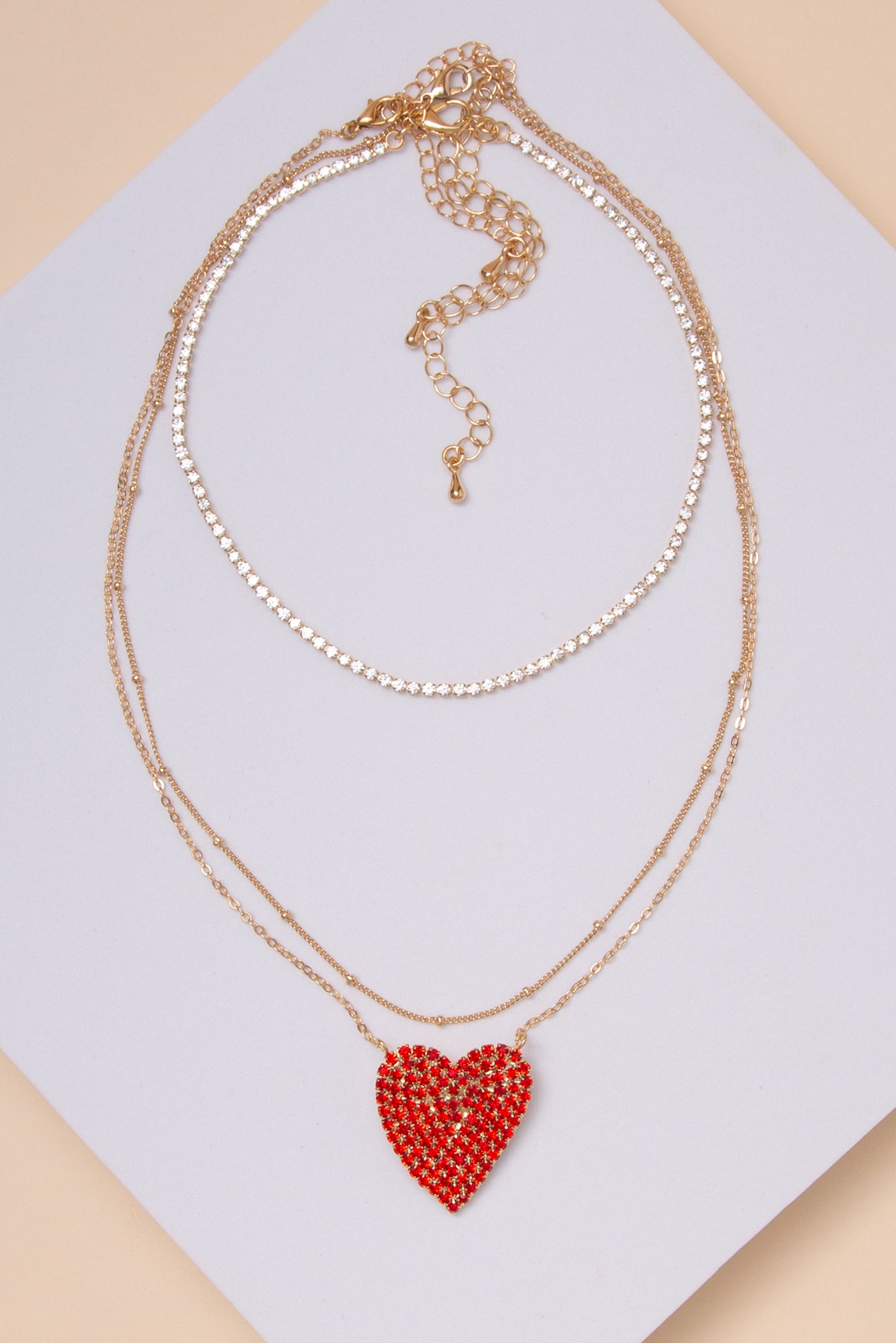 Amber Layered Heart Necklace with Rhinestone Heart Pendant | Red