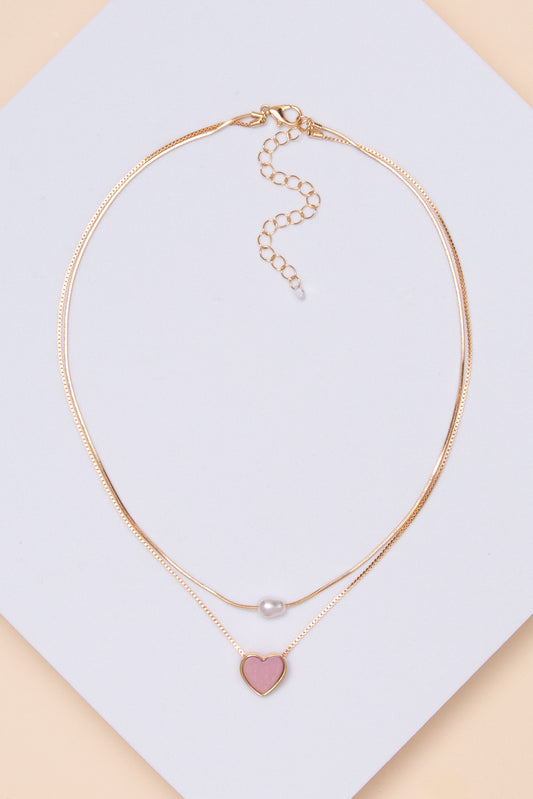 Millie Double Strand Pearl and Heart Necklace | Pink