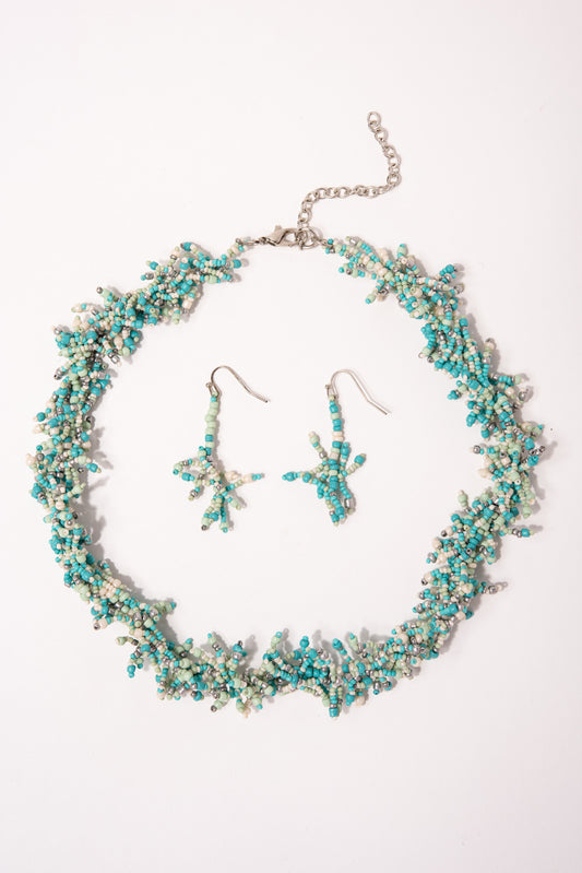 Mila Bohemian Seed Bead Cluster Necklace Set | Turquoise